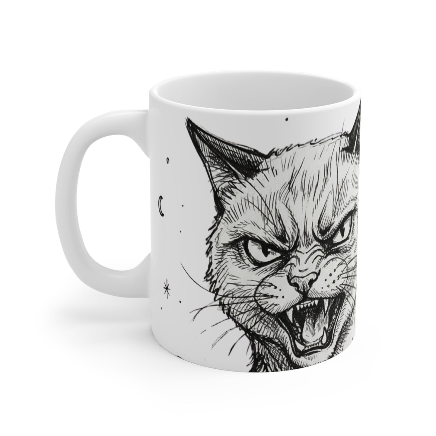 AlienCat In Space! - Big - 11oz Mug Left Handle — Black & White Illustration for Cat Lovers Space Alien Enthusiasts