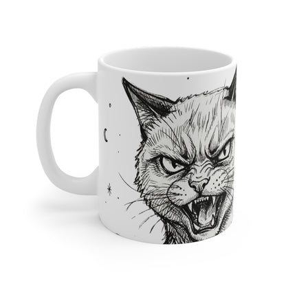 AlienCat In Space! - Big - 11oz Mug Left Handle — Black & White Illustration for Cat Lovers Space Alien Enthusiasts