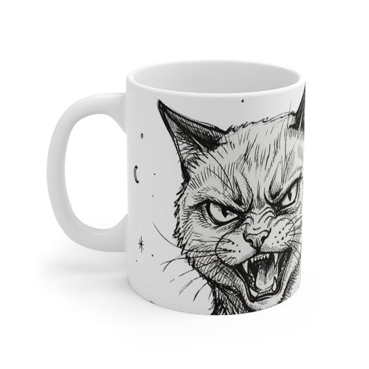 AlienCat In Space! - Big - 11oz Mug Left Handle — Black & White Illustration for Cat Lovers Space Alien Enthusiasts