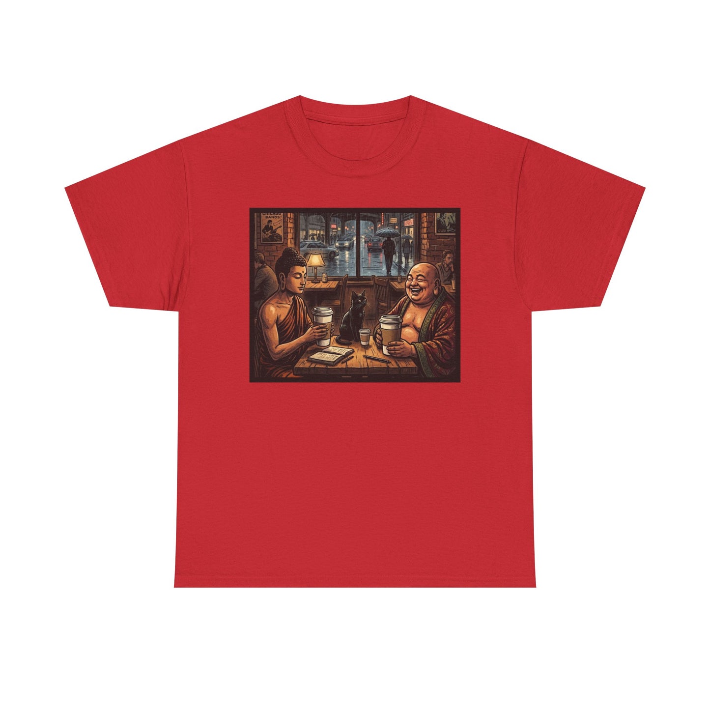 PBFMF w/BackQR - Buddha Cafe T-Shirt — Humorous Buddha Dining Scene Tee with Back QR Design