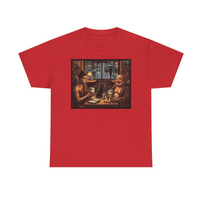 PBFMF w/BackQR - Buddha Cafe T-Shirt — Humorous Buddha Dining Scene Tee with Back QR Design