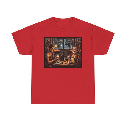 PBFMF w/BackQR - Buddha Cafe T-Shirt — Humorous Buddha Dining Scene Tee with Back QR Design