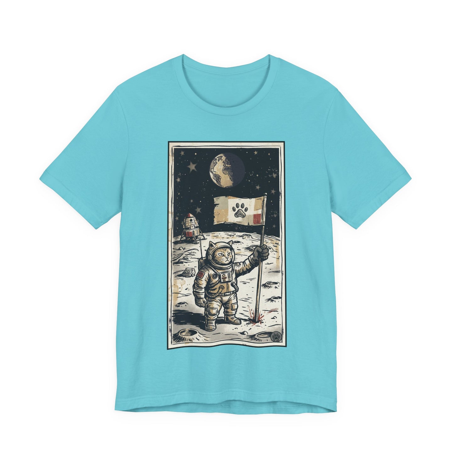 SpaceCat - Conquers The Moon! - Astronaut Cat Moon T-Shirt — Vintage Styled Space Kitty Flag Tee