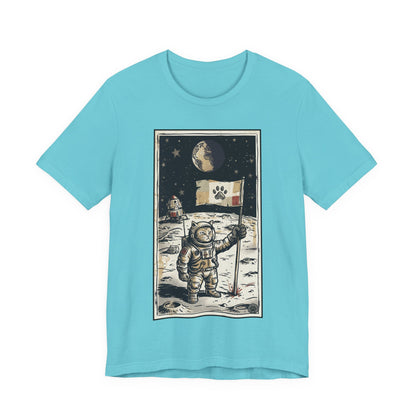SpaceCat - Conquers The Moon! - Astronaut Cat Moon T-Shirt — Vintage Styled Space Kitty Flag Tee