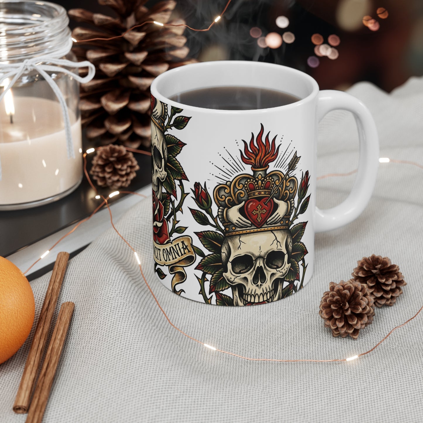 AVO - V2 #1 Claddagh Crown - 11oz Mug Ambi Handle - Skull & Rose Vintage Tattoo — "Amore Vincit Omnia" 11oz Ceramic Coffee Cup