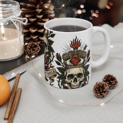 AVO - V2 #1 Claddagh Crown - 11oz Mug Ambi Handle - Skull & Rose Vintage Tattoo — "Amore Vincit Omnia" 11oz Ceramic Coffee Cup