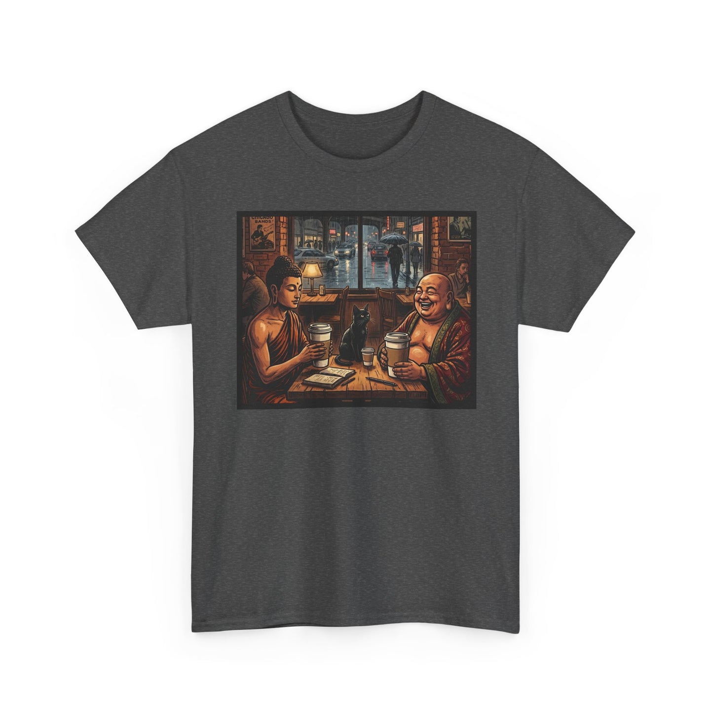 PBFMF w/BackQR - Buddha Cafe T-Shirt — Humorous Buddha Dining Scene Tee with Back QR Design