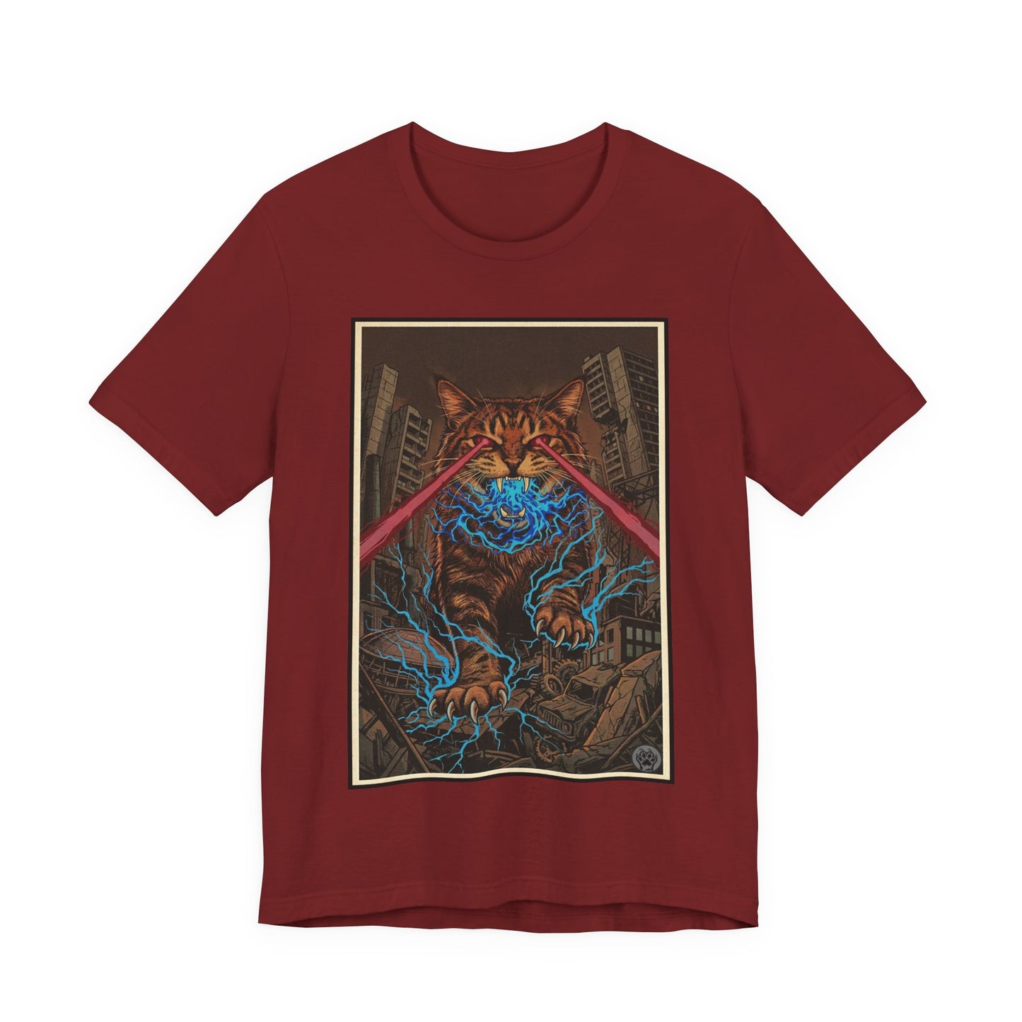 CityCat Attacks! Dark with Red Lasers - Tiger Kitty Kaiju Tee — Laser-Eyed Monster Cityscape T-Shirt