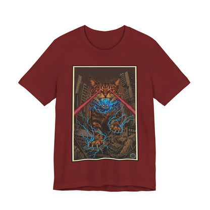 CityCat Attacks! Dark with Red Lasers - Tiger Kitty Kaiju Tee — Laser-Eyed Monster Cityscape T-Shirt