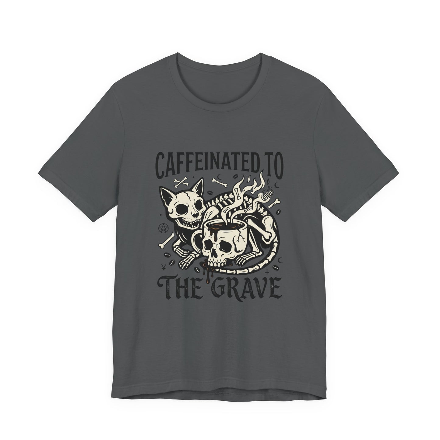 VOID - Caffeinated to the Grave Tee — Gothic Skull & Cat Coffee Shirt