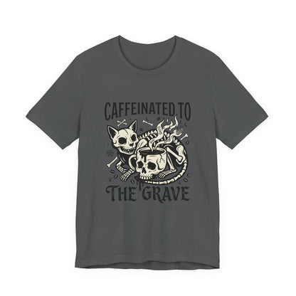 VOID - Caffeinated to the Grave Tee — Gothic Skull & Cat Coffee Shirt