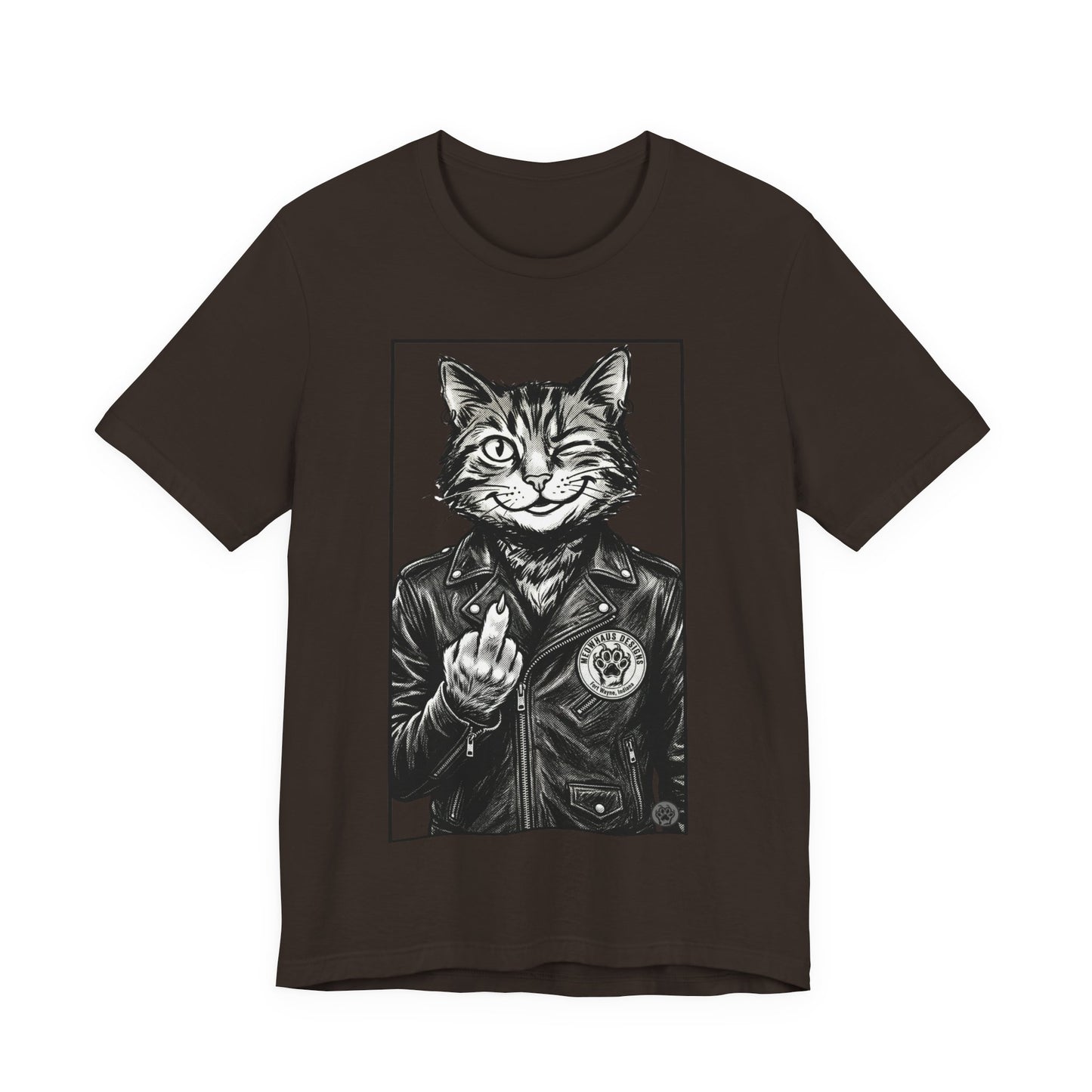 WinkyCat - Leather Jacket & Snarky Gesture - Cat Biker Tee — Grinning Cat in Leather Jacket Graphic T-Shirt