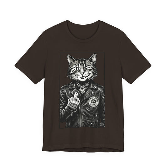 WinkyCat - Leather Jacket & Snarky Gesture - Cat Biker Tee — Grinning Cat in Leather Jacket Graphic T-Shirt