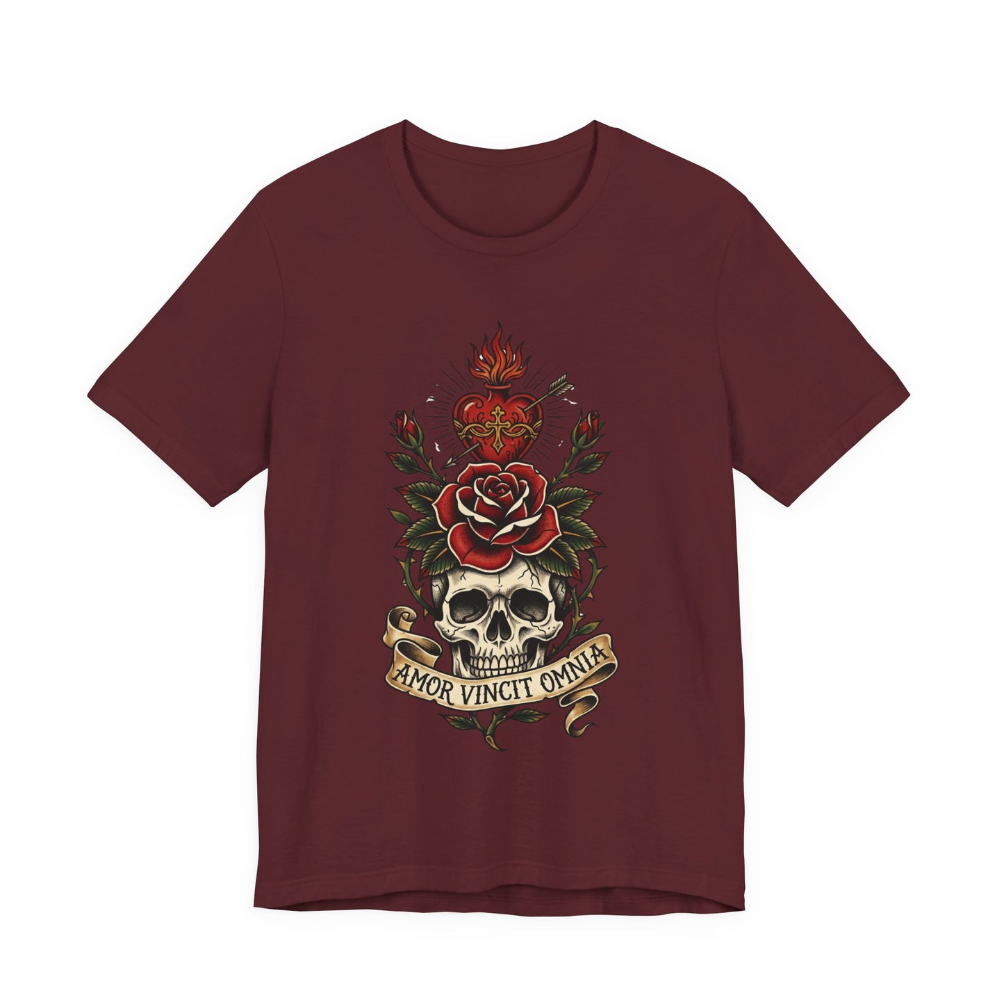 AVO - Tattoo T-Shirt — 'Amor Vincit Omnia' Skull & Rose Sacred Heart Tee