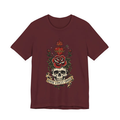 AVO - Tattoo T-Shirt — 'Amor Vincit Omnia' Skull & Rose Sacred Heart Tee