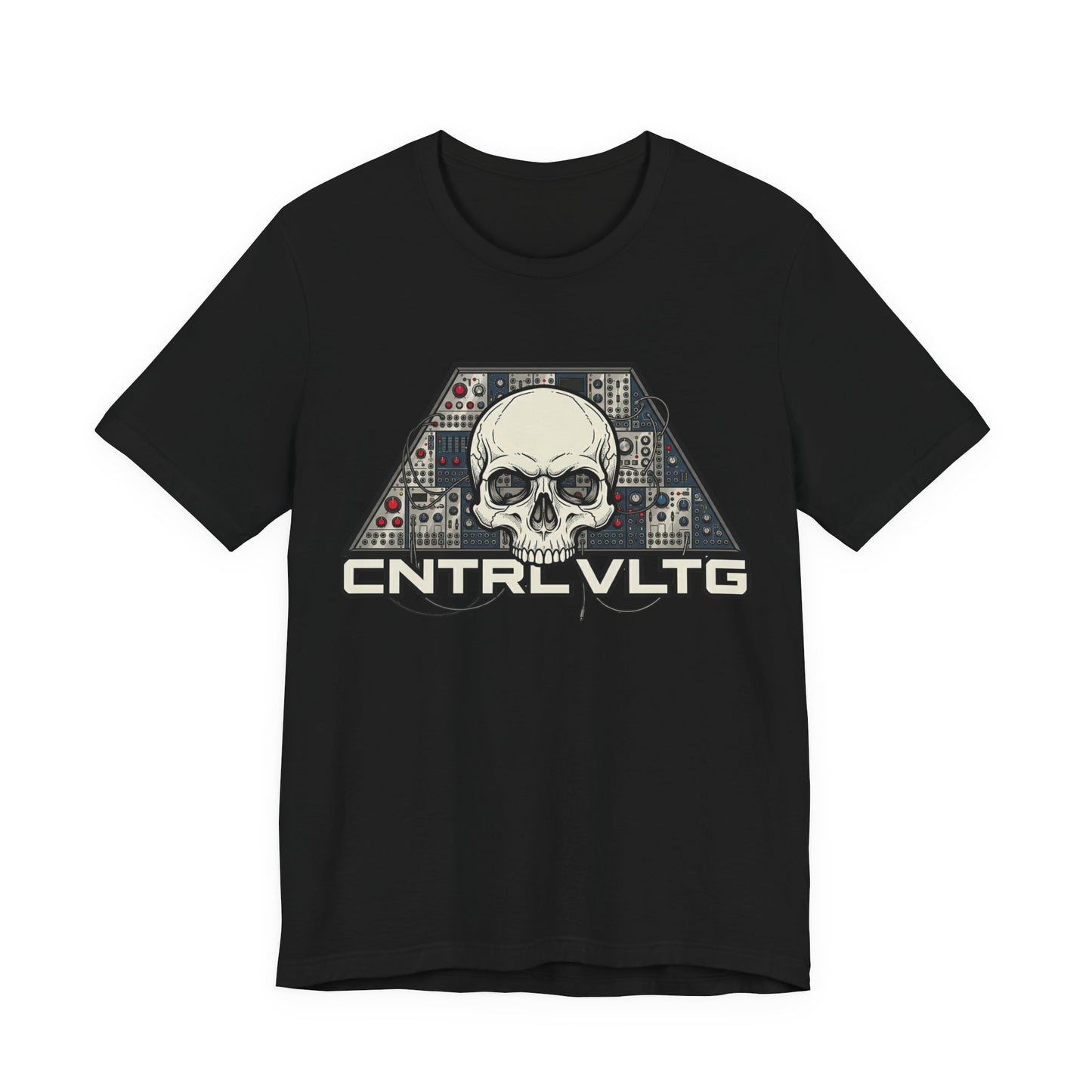 CV Control Voltage - TriBase White - Skull Modular Analog Synth Console Tee — “CNTRL VLTG” Retro Electronic Music T-Shirt