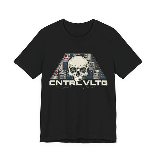 CV Control Voltage - TriBase White - Skull Modular Analog Synth Console Tee — “CNTRL VLTG” Retro Electronic Music T-Shirt