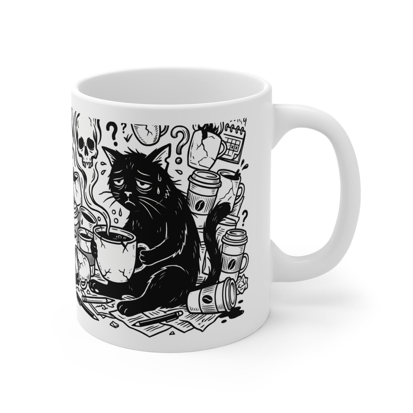VOID - Overwhelmed Black Cat Coffee Mug – Gothic Cat & Skull 11oz Ceramic Mug