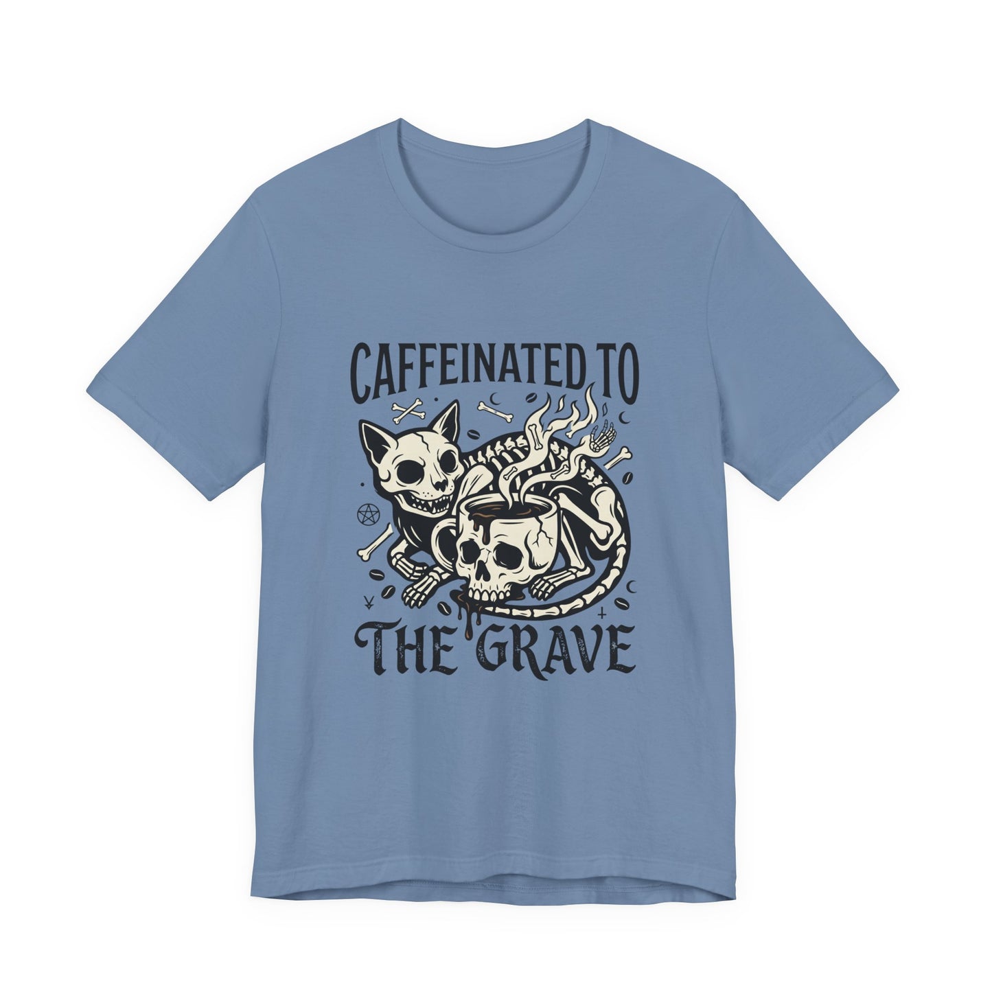 VOID - Caffeinated to the Grave Tee — Gothic Skull & Cat Coffee Shirt