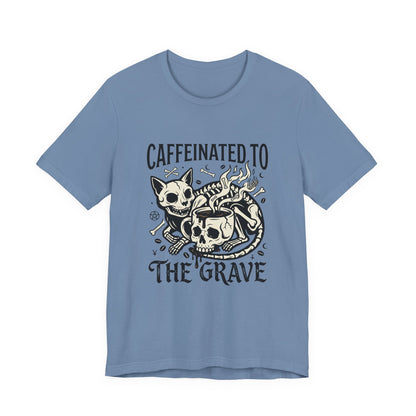 VOID - Caffeinated to the Grave Tee — Gothic Skull & Cat Coffee Shirt