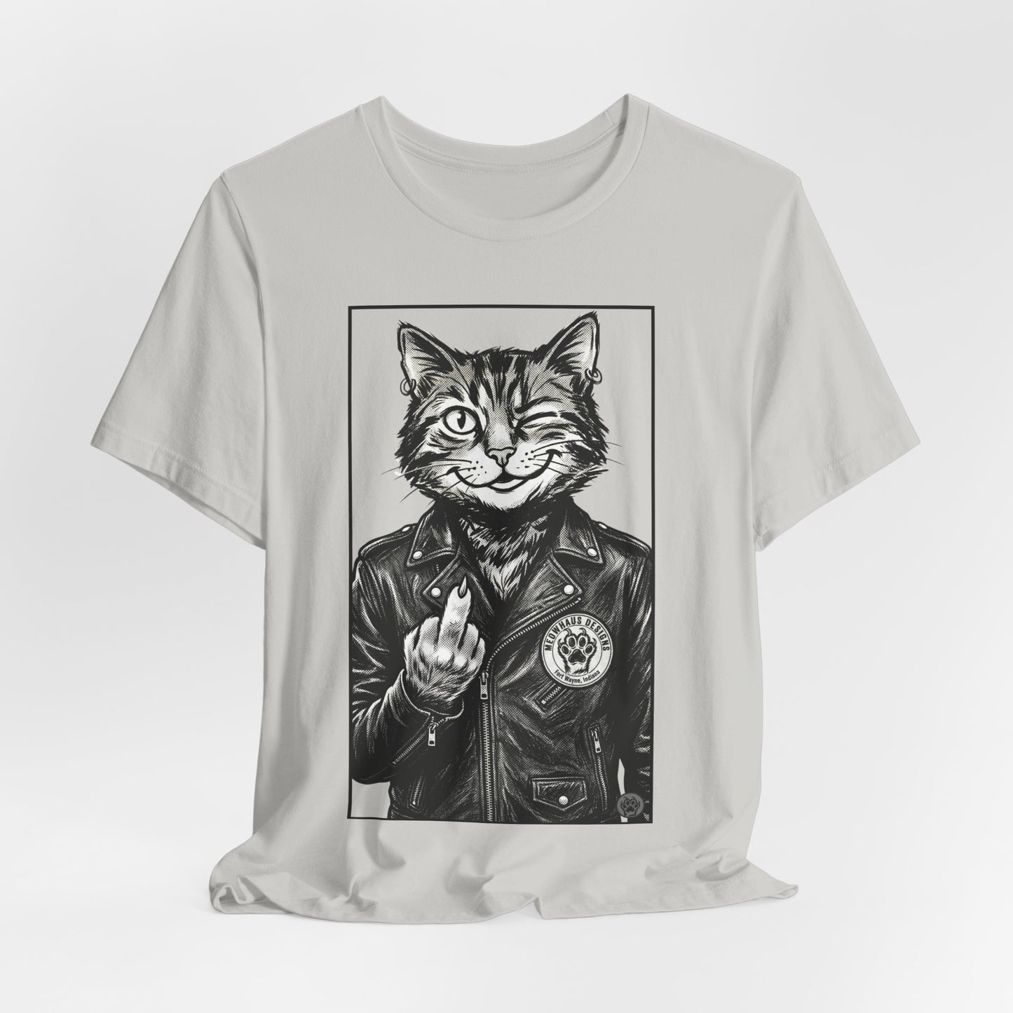 WinkyCat - Leather Jacket & Snarky Gesture - Cat Biker Tee — Grinning Cat in Leather Jacket Graphic T-Shirt
