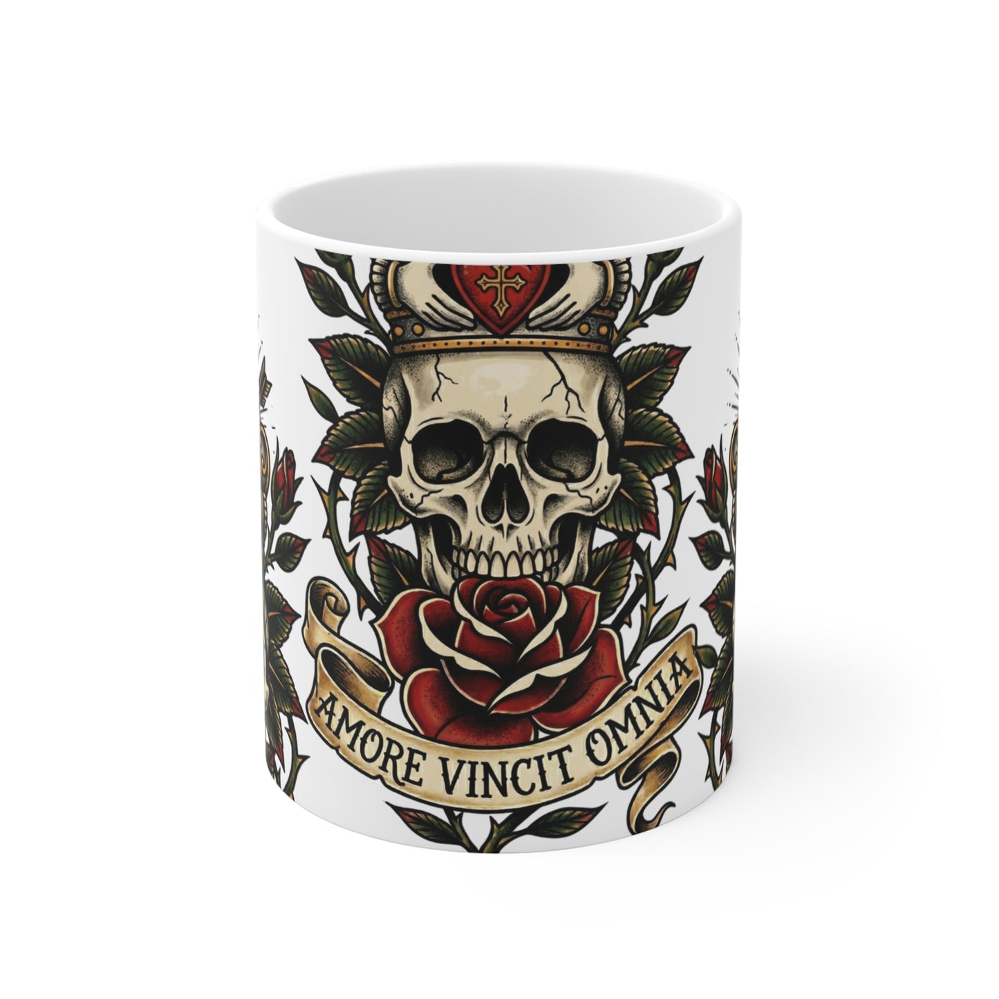 AVO - V2 #1 Claddagh Crown - 11oz Mug Ambi Handle - Skull & Rose Vintage Tattoo — "Amore Vincit Omnia" 11oz Ceramic Coffee Cup