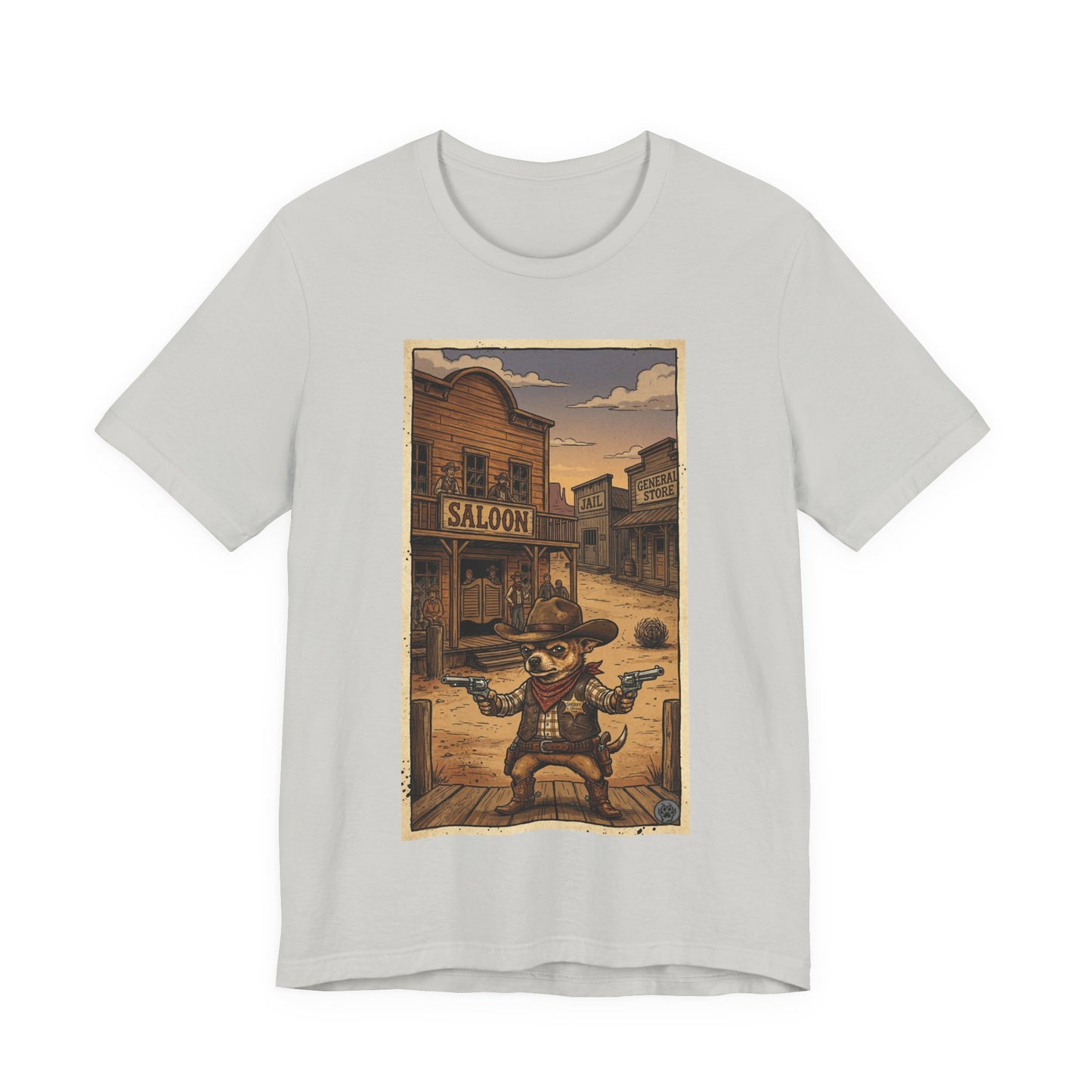 SheriffPaco - Vertical - Chihuahua Sheriff Western Saloon Showdown T-Shirt — Vintage Cowboy Sheriff Puppy Dog Graphic Tee
