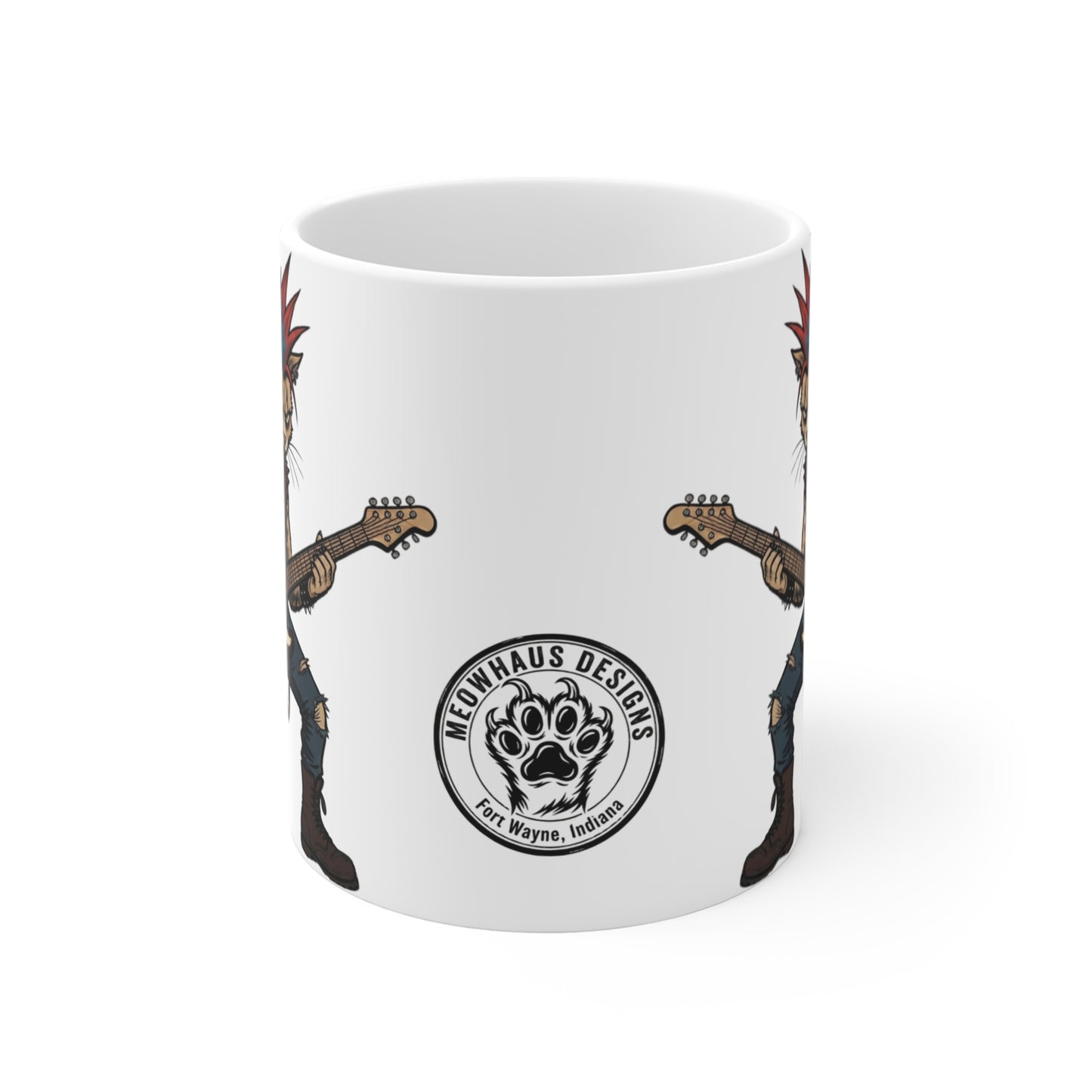 PunkCat - 11oz Mug Ambi Handle — Punk Rock Cat Playing Guitar 11oz Ceramic Coffee Mug