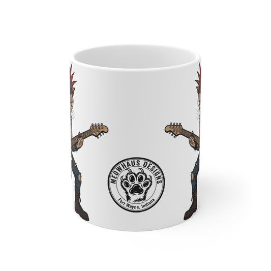 PunkCat - 11oz Mug Ambi Handle — Punk Rock Cat Playing Guitar 11oz Ceramic Coffee Mug