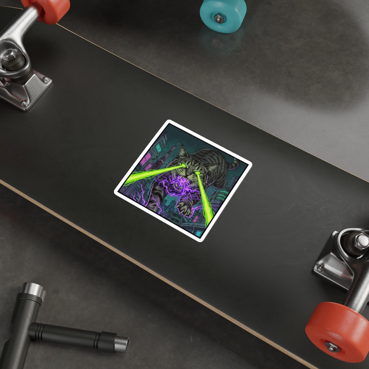 CityCat Attacks! - Green Lasers - Laser-Eyed Cat Sticker — Cyberpunk Neon City Die-Cut Sticker