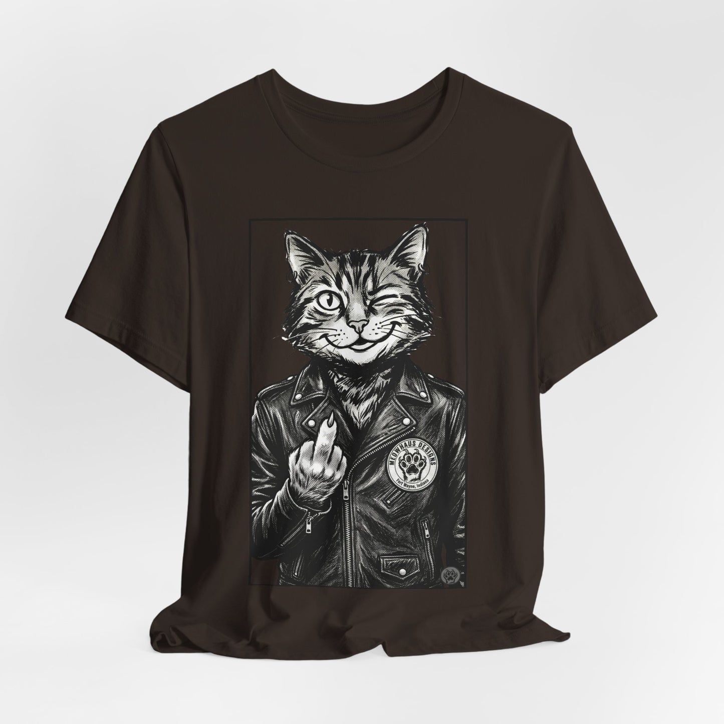 WinkyCat - Leather Jacket & Snarky Gesture - Cat Biker Tee — Grinning Cat in Leather Jacket Graphic T-Shirt