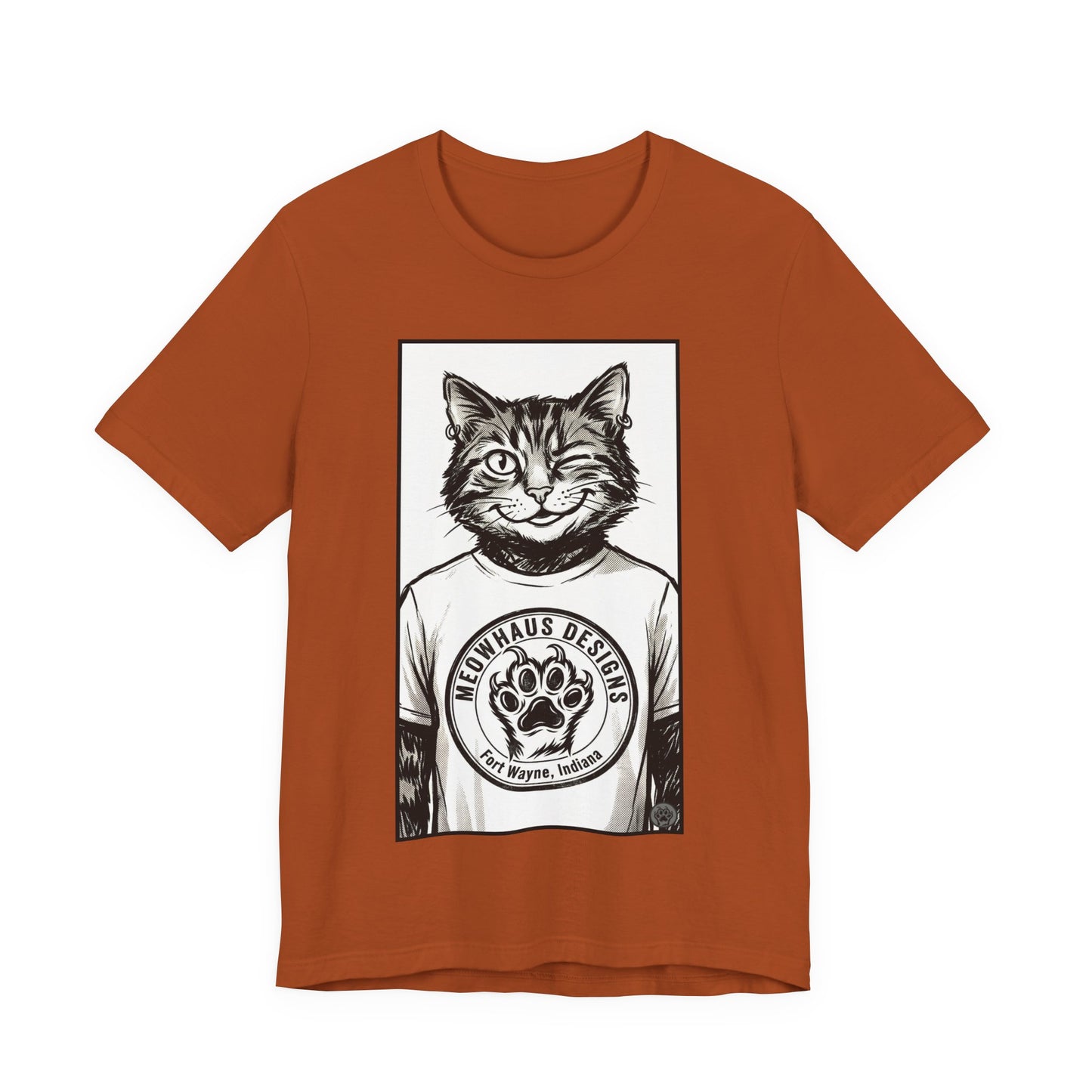 WinkyCat - Wearing the MHD Logo T-Shirt - Cat Portrait T‑Shirt — Retro Graphic Cat Wearing Logo Tee