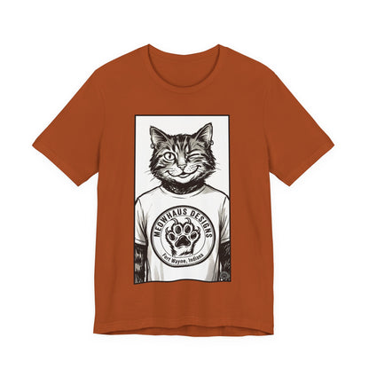 WinkyCat - Wearing the MHD Logo T-Shirt - Cat Portrait T‑Shirt — Retro Graphic Cat Wearing Logo Tee