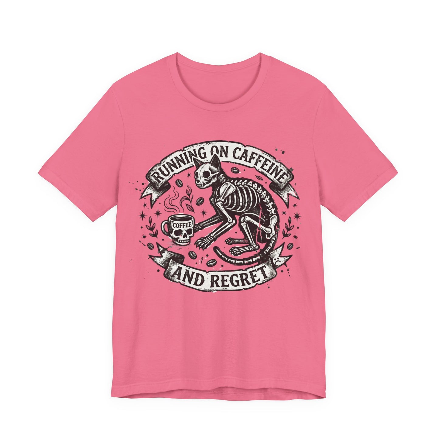 VOID - Running on Caffeine and Regret Tee — Funny Skeleton Cat Coffee T‑Shirt