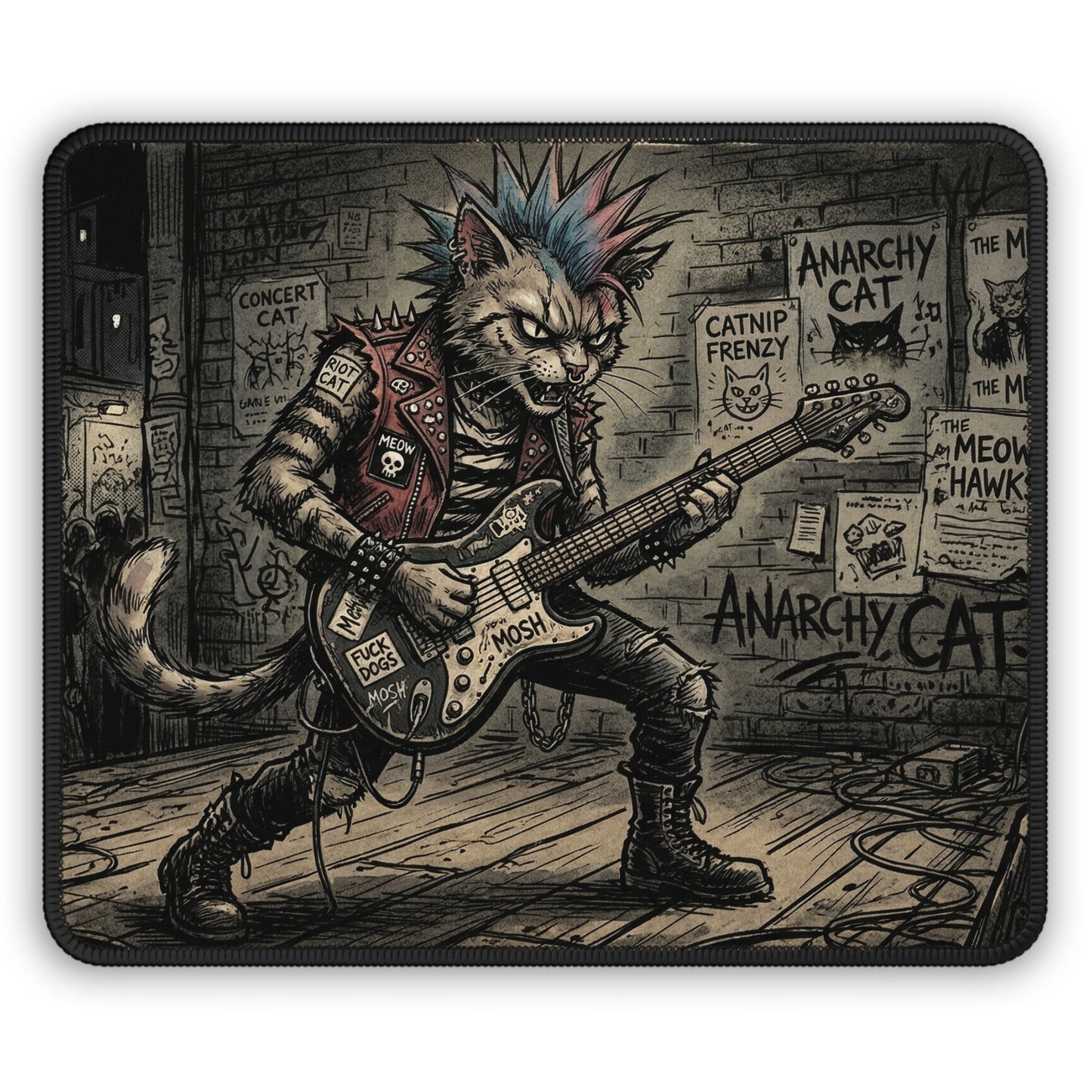 PunkCat - At The Club - Punk Rock Cat Gaming Mouse Pad — Anarchy Cat Guitarist Design