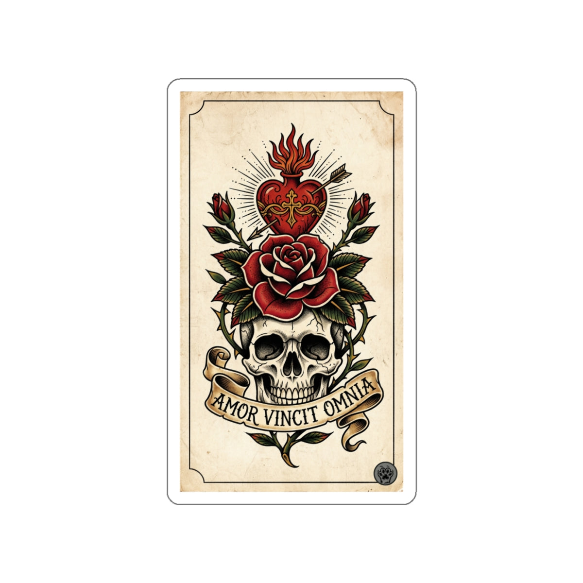 AVO-1 Sticker — Vintage 'Amor Vincit Omnia' Skull & Rose Die-Cut Tattoo Sticker