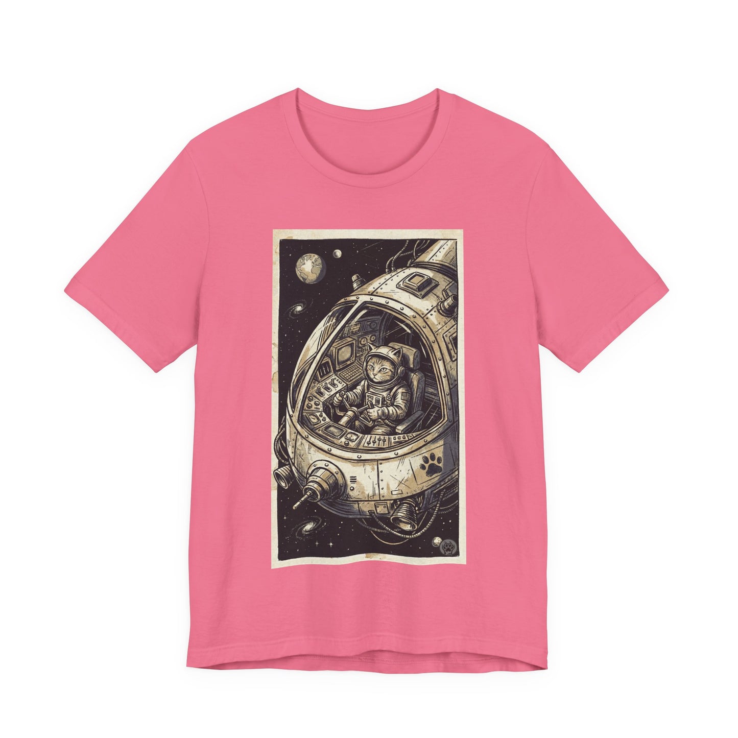 SpaceCat - To The Rescue! - Cat Astronaut in Rocket Capsule Graphic Tee – Vintage Style Space Pilot Illustration