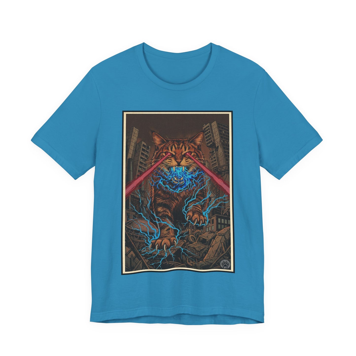 CityCat Attacks! Dark with Red Lasers - Tiger Kitty Kaiju Tee — Laser-Eyed Monster Cityscape T-Shirt