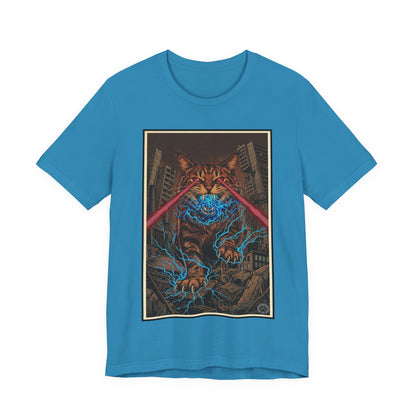CityCat Attacks! Dark with Red Lasers - Tiger Kitty Kaiju Tee — Laser-Eyed Monster Cityscape T-Shirt