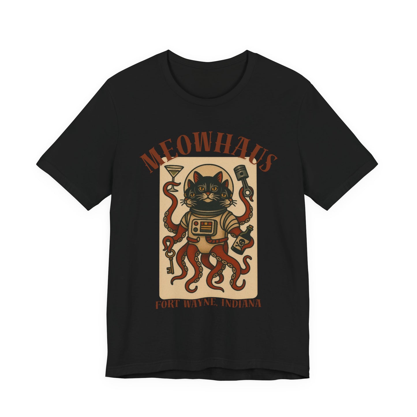 AlienCat Astronaut - Classic Tattoo Design Meowhaus Cat Octopus Tee — Fort Wayne, Indiana Retro Graphic T-Shirt