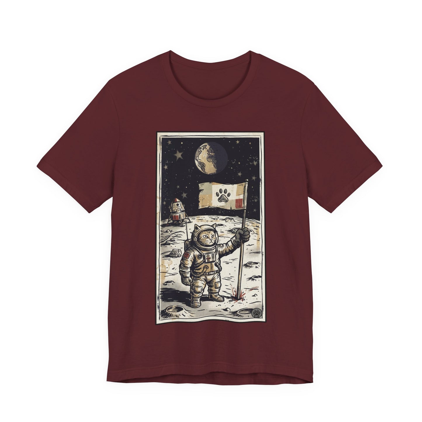 SpaceCat - Conquers The Moon! - Astronaut Cat Moon T-Shirt — Vintage Styled Space Kitty Flag Tee
