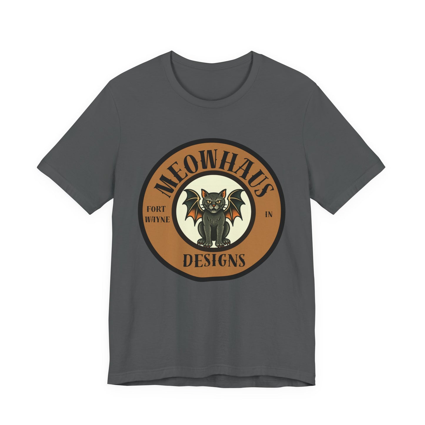 Meowhaus Designs Cat Circle Logo T-Shirt - Vintage Tattoo Cat-Bat Design