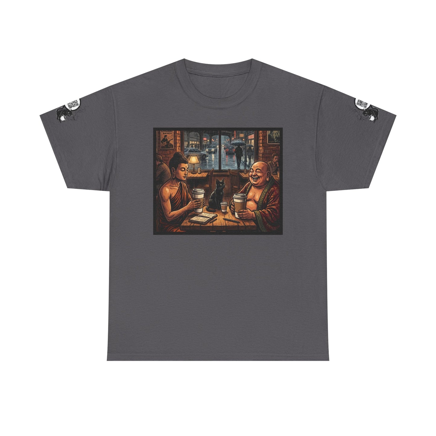 PBFMF w/SleeveQR - Buddha Night Cafe T‑Shirt — Relaxed Vintage Asian Tea House Art Tee