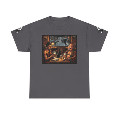 PBFMF w/SleeveQR - Buddha Night Cafe T‑Shirt — Relaxed Vintage Asian Tea House Art Tee