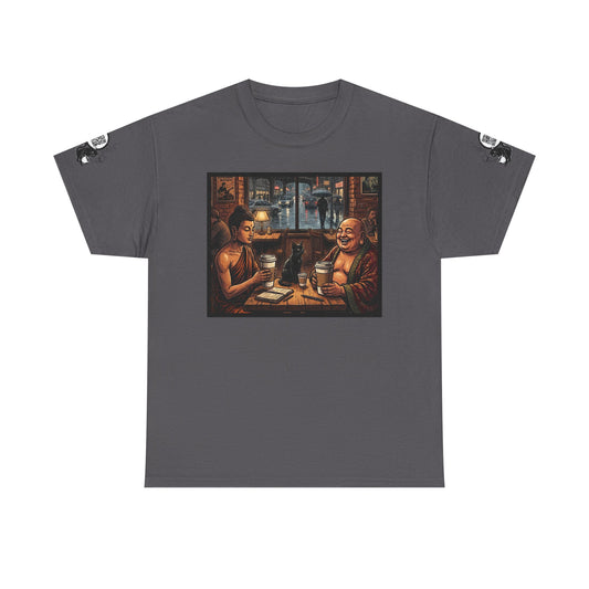 PBFMF w/SleeveQR - Buddha Night Cafe T‑Shirt — Relaxed Vintage Asian Tea House Art Tee
