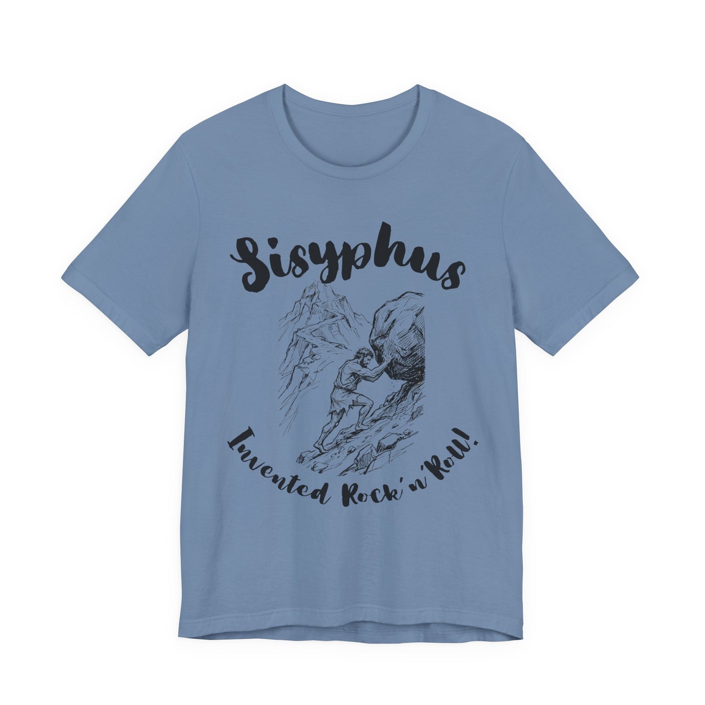 Greek Mythology Humor - Sisyphus T‑Shirt — 'Invented Rock 'n' Roll' Vintage Mythology Tee - Elvis Who?