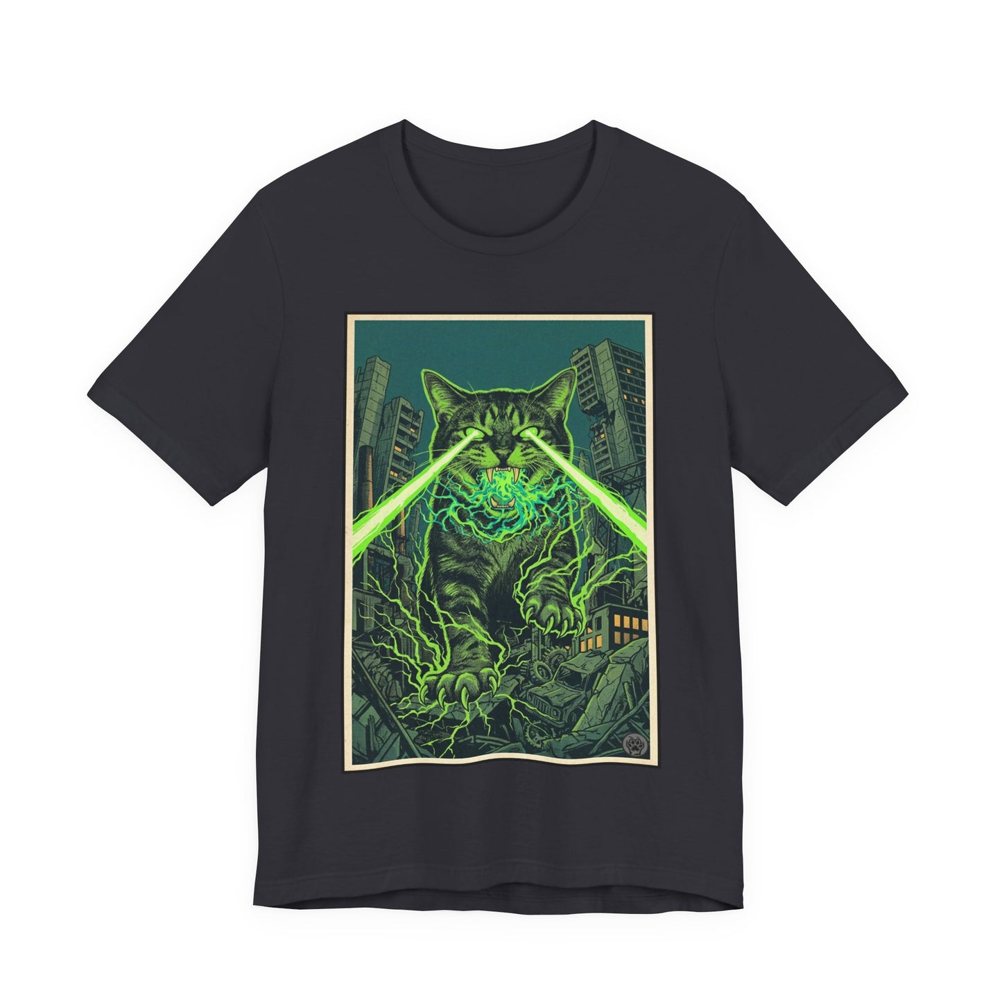 City Cat Attacks! - Green Laser-Eyed Monster Cat T-Shirt — Neon Godzilla-Style Graphic Tee