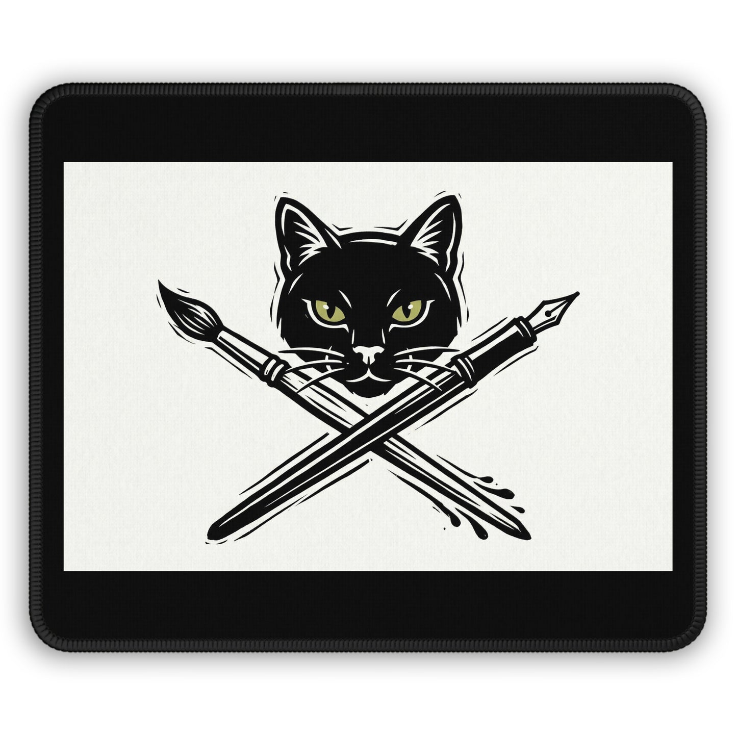 CreativeCat - Black Cat & Crossed Pen + Brush Mouse Pad — Artist Gamer Desk Mat