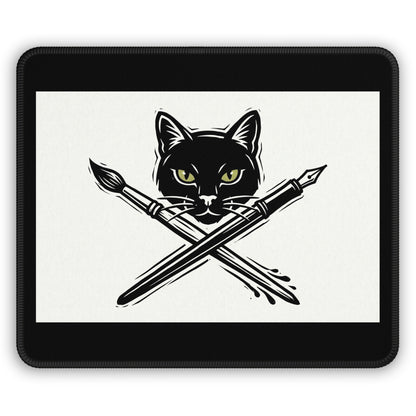 CreativeCat - Black Cat & Crossed Pen + Brush Mouse Pad — Artist Gamer Desk Mat