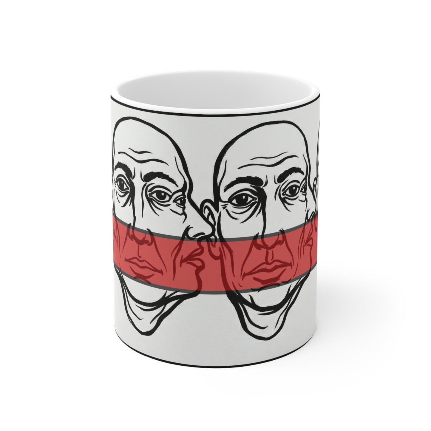 HotGossip - New Design 1 - 11oz Ceramic Mug Ambi Handle — Double Face Line Art with Red Stripe | Surreal Minimalist Coffee Cup